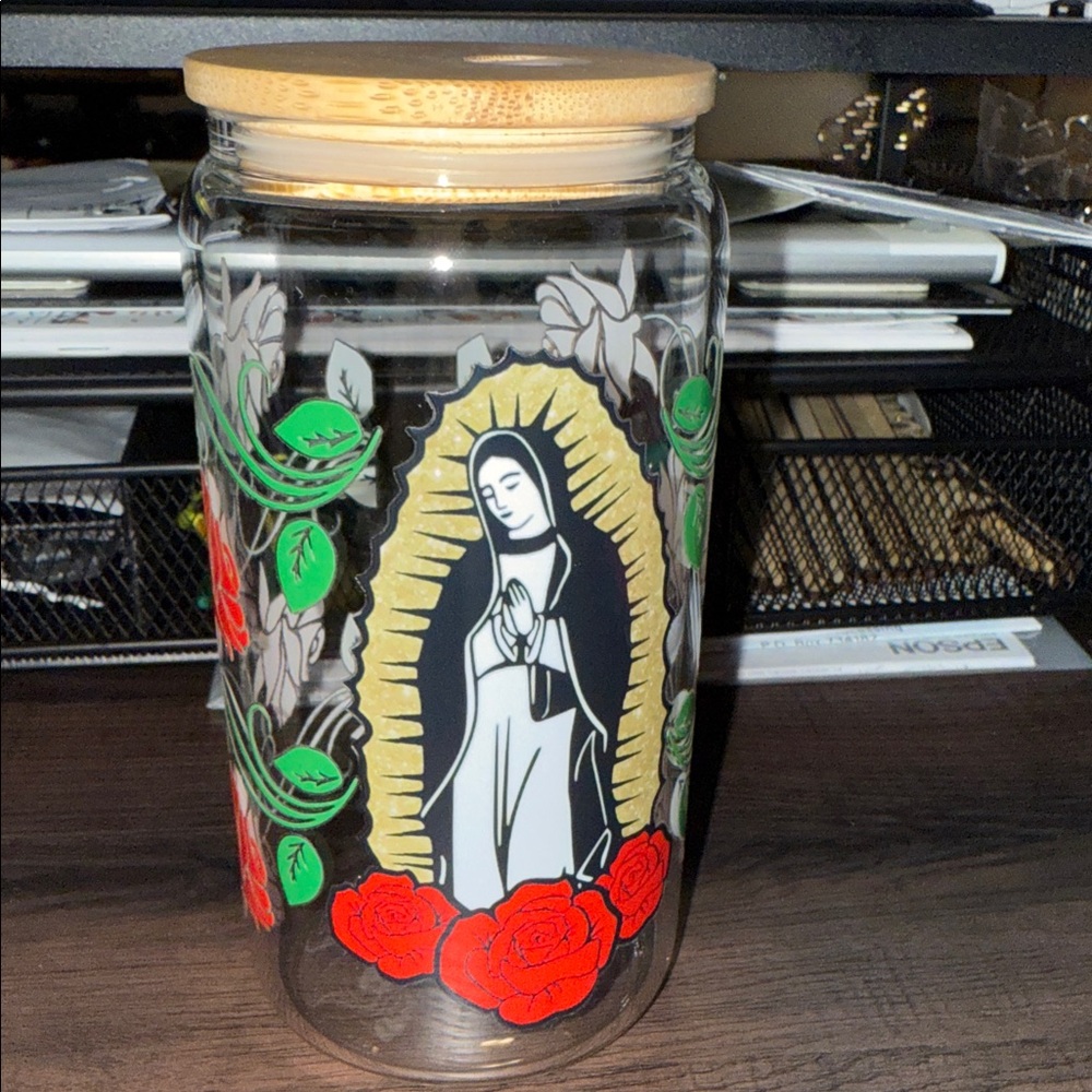 Decorative Glass Cup with Religious Art and Bamboo Lid